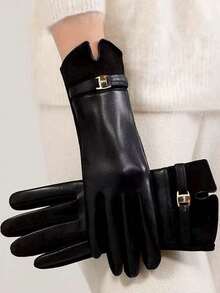 1双女士优雅纯色PU铆钉镶嵌休闲街头手套，适合成熟女性户外运动，秋冬季款 - 彩色 - 查看 3