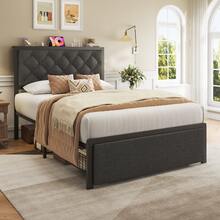 Gunji Bed Frame With 2 Storage Drawers, Tufted Upholstered Headboard With Charging Post, No Springs, No Noise, All-Metal Construction,Grey - 灰色 - 查看 6
