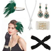 1920 年代轻佻女郎全套！羽毛水钻头饰 + 几何水钻耳环 + 仿珍珠项链 + 白手套，沉浸式复古爵士派对魅力万圣节