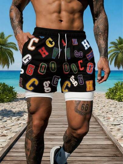 Shorts de playa de doble capa con estampado de letras coloridas para hombre