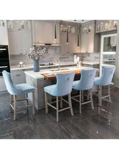 Moderne Fluwelen Upholstered Bar Stool Buttoned Suede Wooden Tafel Legs, Chrome Studded Head Chair, Stool, Set Of Two (Light Blue), DE2002LB view 10