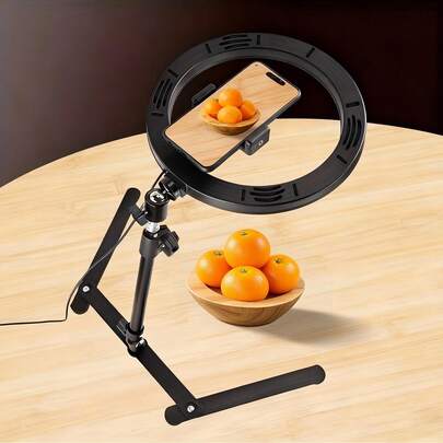 Borriig 10-Inch LED Ring Light With 46cm Adjustable Height - Desktop Stand, Overhead Angle Shooting, Lighting Effects: Warm Light / Natural Light / Cool Light. USB-Powered Mode, Ideal For Live Streaming, Makeup Application, Short Videos, Photography, Video Conferencing, Painting, And Craft Tutorials.