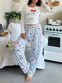 SANRIO Bộ đồ ngủ 2 món cổ tròn tay dài in họa tiết Hello Kitty dành cho nữ + quần ống đứng cạp chun - Màu xanh lam - Xem 7