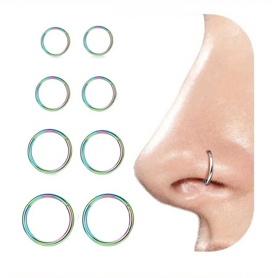 8pcs 16G Surgical Steel Hinged Segment Clicker Nose Hoop Spiral Cartilage Daith Ear Plugs Sleeping Earrings Body Piercing 6-12mm - Multicolor - View 1