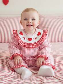 Mono para niña, manga larga, cuello redondo, rayas, bordado, lazo, corazón, ropa informal - Rojo - Ver 3