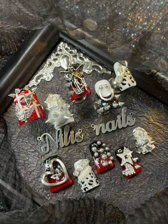 10pcs Short Duck Nails Set,Red&White Nail Art,Black French,Black&Silver Tie Dye Design,Hand Painted Black Leopard&Geometric Pattern,3D Three Dimensional Angel&Heart&Butterfly&Moon&Chain&Steel Ball And Others Metal Nails Accessories,Y2k Style Nail Art Set,Suitable For Women To WearDaily Parties Valentine's Day (With: A Piece Of Jelly Glue And A Friction Strip)