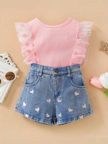 Toddler Girl's Summer Outfits Mesh Sleeve Set And Heart Print Denim Shorts Set, Comfortable And Fashionable Summer Jeans Outfits For Girls, Suitable For Outdoors - 粉紅色 - 查看 1