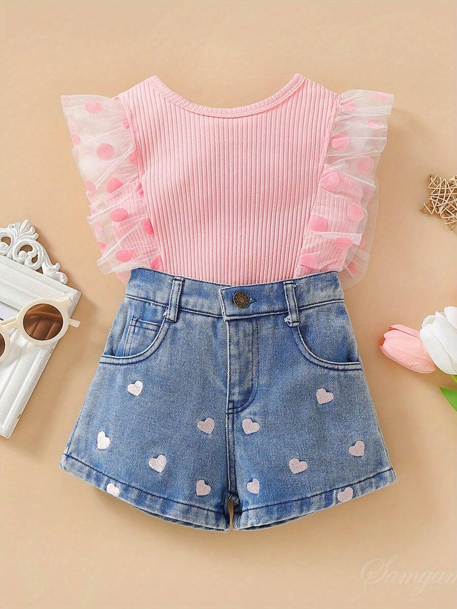 Toddler Girl's Summer Outfits Mesh Sleeve Set And Heart Print Denim Shorts Set, Comfortable And Fashionable Summer Jeans Outfits For Girls, Suitable For Outdoors - 粉紅色 - 查看 1