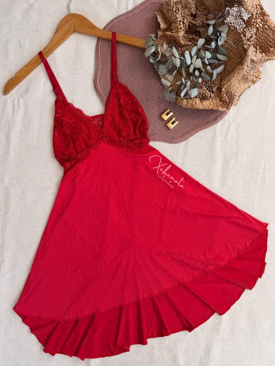 Sexy Lace Nightgown With Backless Detail, Ruffled Train, Slit, No Padding, Sleep Dress, Lingerie, Nightwear Line - 紅色 - 查看 1