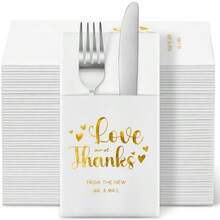 DJanlaugh 100 Pcs Wedding Napkins With Built In Flatware Pocket Mr And Mrs Love And Thanks Disposable Paper Dinner Napkins Prefolded For Sierware For Wedding Engagement Bridal Shower Party Decor - White - View 1