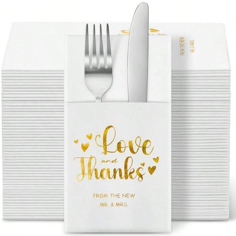 DJanlaugh 100 Pcs Wedding Napkins With Built In Flatware Pocket Mr And Mrs Love And Thanks Disposable Paper Dinner Napkins Prefolded For Sierware For Wedding Engagement Bridal Shower Party Decor - White - View 1