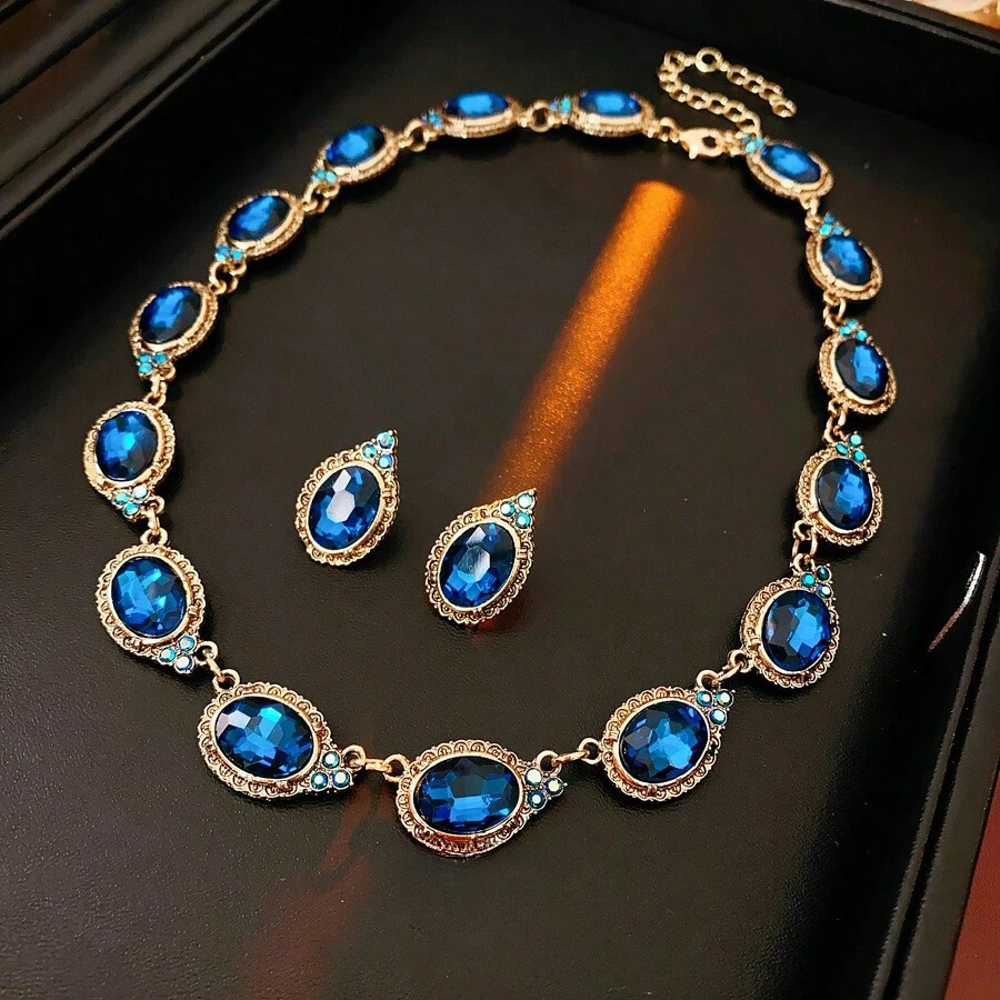 1pc Retro Blue-Tone Faux Gem Choker & 1pc Retro Blue-Tone Faux Gem Earrings | Gold-Plated With Faux Diamonds, Translucent & Eye-Catching, Light Luxury & Elegant, Multi-Occasion Suitable, Unique No Duplicates, For Gifting & Daily Wear - Dây chuyền - Vàng - Xanh - Xem 1