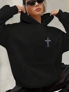 Women Seashell Cross Scripture Double Sided Graphic Hoodie Oversized Long Sleeve Coastal Faith Christian Loose Casual Beach Pullover Sweatshirt - 黑色 - 查看 3