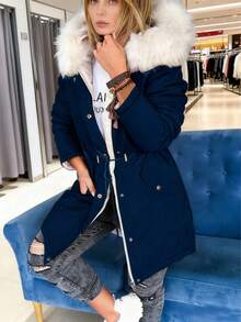 Women's Reversible Long Sleeve Jacket With Fur Collar, Autumn/Winter - Navy Blue - View 3