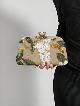 YMI STYLE Elegant paljettbroderad blommig dekorativ aftonkupongväska, paljettlappsdesign, slumpmässigt skuren Lämplig för festtjejer, damer, brudar, perfekt för fest, bröllop, bal, formell middag, i kombination med brudklänning, damklänning för formell afton, balklänning, födelsedagsklänning. Med metallkedjehandtag.