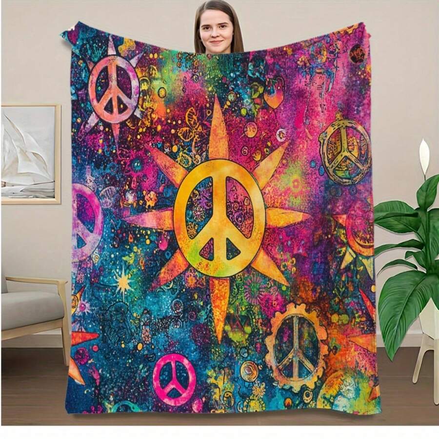 Soft, Usable For All Seasons, Hippie Blankets And Throws - Boho Hippie Quilt Blanket, Hippie Print Throw Blanket - Adults Hippie Blanket For Couch Sofa, Colorful, Artistic Design With Peace & Nature Motifs - 多色7 - 查看 1