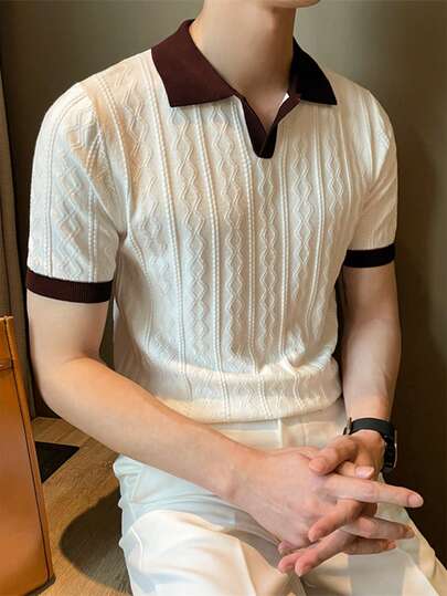 HUODA Men's Contrast Color Short Sleeve Knitted Cable Textured Polo Shirt