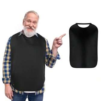 1pc Black Double-Layer Elastic Adult Bib With Crumb Catcher, Reusable Washable Clothing Protector, Unisex Eating Apron
