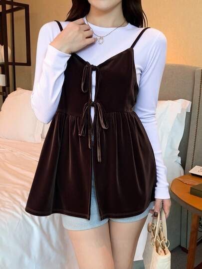 DAZY 女士纯棕色丝绒吊带背心，抽绳设计，宽松休闲百搭，秋冬款