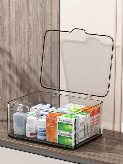 1pc Transparent Desktop Storage Box With Flip Cover, Dust-Proof Storage Container. Mini Household Medicine Storage Box. Multi-Functional Storage For Cosmetics, Face Masks, Stationery, Miscellaneous Items.