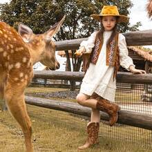 1 Pair Girls Cowboy Boots Cowgirl Western Boot For Kids Rhinestone Sparkly Toddler Dress Boots Ponited Toe Mid Calf Birthday Party For Little Big Kid - 棕色 - 查看 8