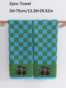 QIBHI 1/3件可選，純棉卡通刺繡 1條浴巾或1條面巾，愛侶貓款，居家條紋吸水面巾/浴巾，情人節禮物，節日裝飾，適用於浴室、飯店、健身房、旅行、學校、開學季，居家必需品，毛巾，護膚 - 綠色 - 查看 6
