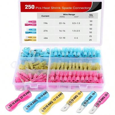 - 50027R 250 PCS Heat Shrink Spade Connectors Quick Disconnect Wire Connectors Electrical Spade Terminals Heat Shrink Fully Insulated Male And Female Wire Spade Connectors