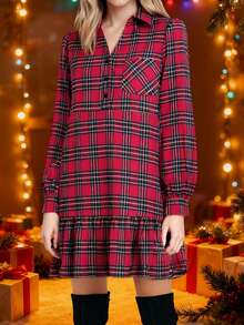 Women's Plaid Fall Dress Fashionable Casual V Neck Half Button Front Long Sleeve Ruffle Hem Dress - Red - View 5