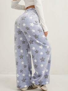 Plus Size Women's Autumn/Winter Flannel Thick Star & Moon Pattern Drawstring Waist Wide Leg Pants, Suitable For Outerwear, Sportswear, Casual, Loungewear - Blue - View 3