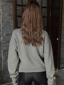 Livesso 1pc Women Solid Color Minimalist Knit Cardigan,Fall Clothes - Grey - View 2
