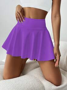 高腰白色网球短裙，二合一防闪光高尔夫/羽毛球/健身短裤裙，带口袋，夏季运动裙裤，适合瑜伽、户外跑步，新款女装 - 紫色 - 查看 2