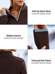 Leorrey 1pc Women's Fashion Wool Ribbed Mock Neck Half Zip Colorblock Snow Outfits Winter Sports - Mocha Brown - View 5