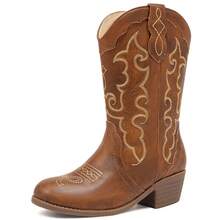 1 Pair Girls Cowboy Boots Cowgirl Western Boot For Kids Rhinestone Sparkly Toddler Dress Boots Ponited Toe Mid Calf Birthday Party For Little Big Kid - 棕色 - 查看 2