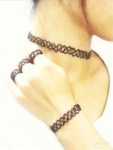 Colección surtida de joyas de tatuaje elásticas - Collar, pulsera y anillo tipo choker de tatuaje - Accesorios de joyas con efecto de tatuaje elástico - Multicolor - Ver 10