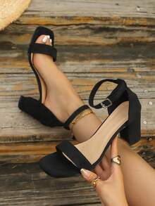 1 pereche de sandale cu toc înalt și vârf deschis, mărime plus, sandale cu toc gros și bareta la gleznă, stil nou, încrucișat, peep-toe - Negru - Vizualizare 1