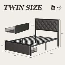 Gunji Bed Frame With 2 Storage Drawers, Tufted Upholstered Headboard With Charging Post, No Springs, No Noise, All-Metal Construction,Grey - 灰色 - 查看 8