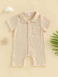 Mono de verano para bebé niño, camisa informal con textura a rayas, color liso, con botones y manga corta - Caqui - Ver 6