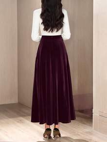 Women's Elegant Velvet A-Line Skirt, Autumn/Winter - Red Violet - View 3