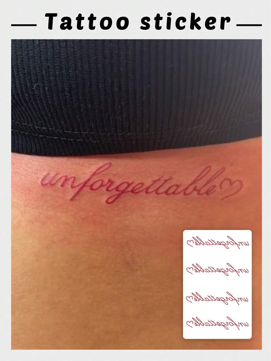 1 Red Waterproof, Sweatproof, Washable Stylish "Unforgettable" Tattoo With Cute And Bold English Handwritten Font, Designed For A Sexy Girl's Collarbone And Waist Side - Red - View 1