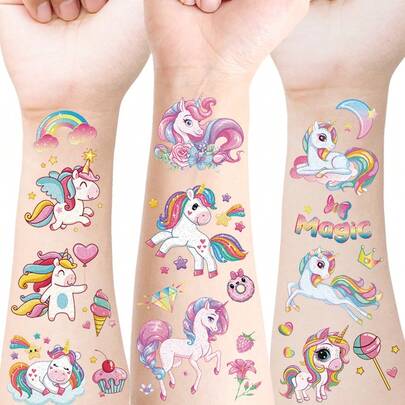 120 Pcs/12 Sheets Glitter Pink Unicorn Temporary Tattoos,Glitter Styles Shiny Rainbow Unicorn Magical Fantasy Mythical Creatures Tattoo Stickers,Birthday Party Supplies Decorations,Perfect Gifts,Goodie Bags Fillers,Lasting 2-5 Days