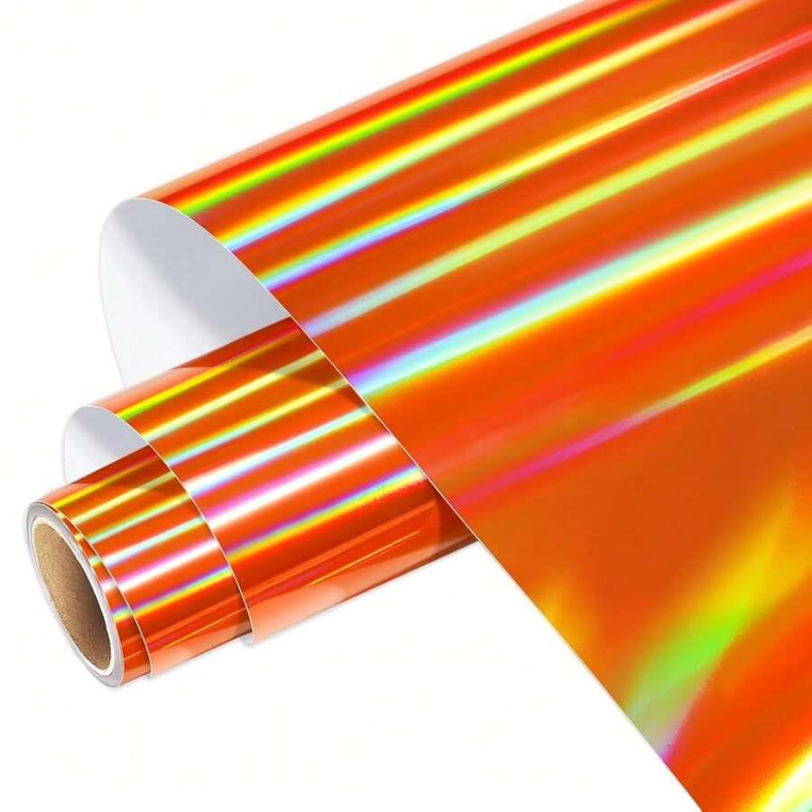 WRAPXPERT Holographic Vinyl Roll Orange, Holographic Permanent Vinyl Orange Glossy Craft 12\ X 5ft, Chrome No Bubble Iridescent For DIY Craft Decal,12inchx5ft,Orange - 橘色 - 查看 1