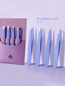 4pcs Professional Tweezer Set, Purple Leather Case - Slanted & Pointed Precision Tweezers For Eyebrows, Facial Hair, Ingrown Hair Removal - Stainless Steel Beauty Tools With Portable Storage Box, Suitable For Travel, Home, Salon Use - Mauve Purple - View 1
