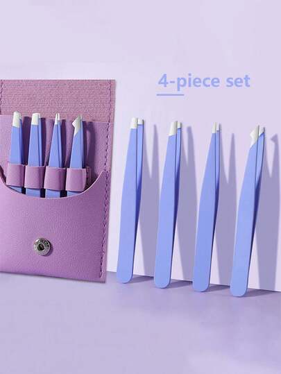 4pcs Professional Tweezer Set, Purple Leather Case - Slanted & Pointed Precision Tweezers For Eyebrows, Facial Hair, Ingrown Hair Removal - Stainless Steel Beauty Tools With Portable Storage Box, Suitable For Travel, Home, Salon Use