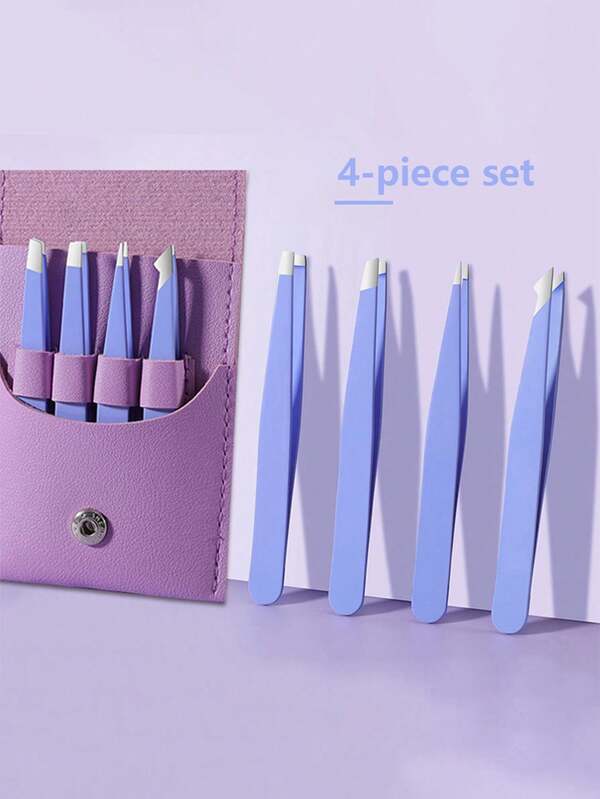 4pcs Professional Tweezer Set, Purple Leather Case - Slanted & Pointed Precision Tweezers For Eyebrows, Facial Hair, Ingrown Hair Removal - Stainless Steel Beauty Tools With Portable Storage Box, Suitable For Travel, Home, Salon Use