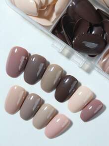 瞬间提升你的美甲造型！这款216片（9种混合色）短椭圆形亮面美甲贴片套装，棕色亚克力材质，包含1片果冻胶和1把指甲锉，适合女性和女孩日常工作、学习和派对DIY使用。美甲用品 - 彩色 - 查看 3