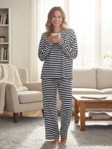 Women's Fall Pants Set Stylish Striped Crew Neck Long Sleeve Tops And Straight Leg Pants 2 Pcs Set - Màu xanh lam - Xem 4