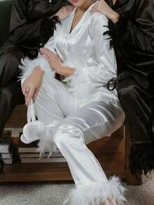 Women Feather Trim Pajamas Satin 2 Piece Long Sleeve Button Down Sleepwear Bridal Shirt And Pants Lounge Set - 白色 - 查看 4
