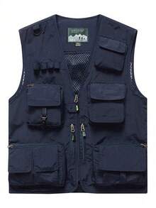 Men's Outdoor Utility Vest - Multi-Pocket Tactical Fishing Hiking Travel Sleeveless Jacket, Plus Size Lightweight Photography Vest, Casual Summer Mesh Vest With Multiple Pockets - Navy Blue - View 1