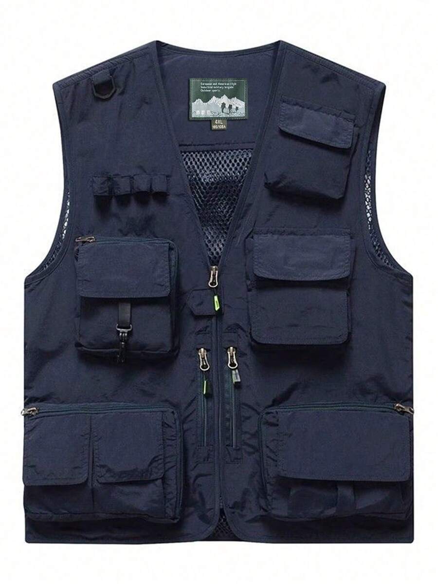 Men's Outdoor Utility Vest - Multi-Pocket Tactical Fishing Hiking Travel Sleeveless Jacket, Plus Size Lightweight Photography Vest, Casual Summer Mesh Vest With Multiple Pockets - Navy Blue - View 1