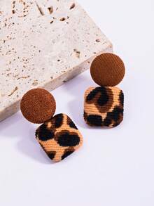 1 par de pendientes personalizados con estampado de leopardo, corazón y diseño geométrico (patrón aleatorio) - Multicolor - Ver 4